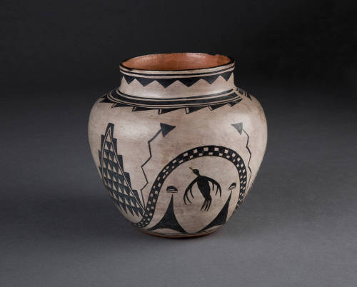 Olla with Geometric Designs Depicting a Scene, c. 1900
Cochiti culture; New Mexico
Ceramic an…