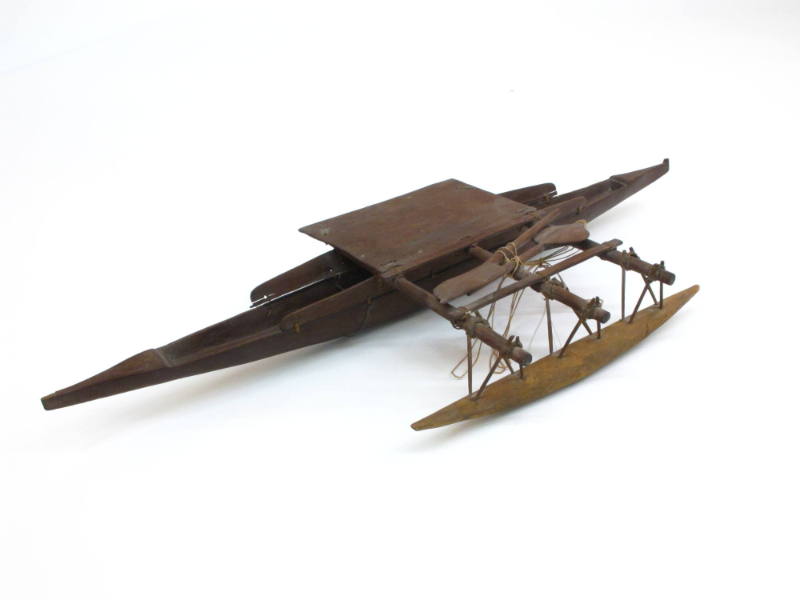 Canoe Model (Drua), 19th Century
Probably Fiji, Melanesia
Wood and fiber; 3 1/4 x 29 1/2 x 11…