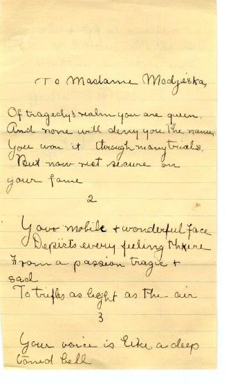 Letter to Madame Modjeska, late 19th Century
Dorothy F. Wiethoff; Detroit, Michigan
Ink on pa…