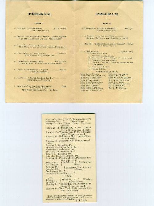 Route Card & Program for the Modjeska Company, 1891
North America
Paper and ink; 2 3/4 × 4 1/…