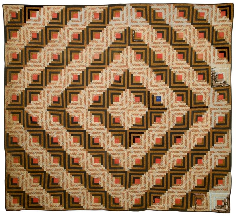 Quilt with "Barn Raising" pattern, c. 1885
Lucilla Hughes Holland; Missouri
Cotton; 76 x 82 i…