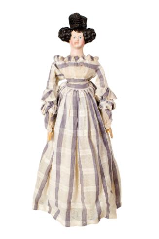 Milliner's Model Doll, c. 1830
Germany
Papier-mâché, cotton, wood, leather, and paint;  24 1/…