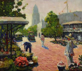 Olvera Street, c. 1928
Frank Coburn (American, 1862-1938)
Oil on masonite; 30 3/4 x 26 1/2 in…