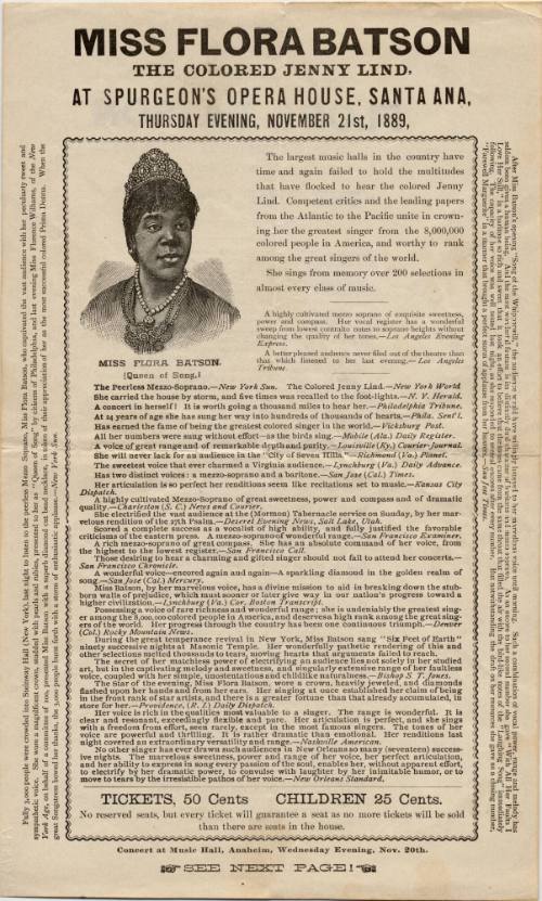 Program for Miss Flora Batson Performing at Spurgeon’s Opera House, November 21, 1889
Maker Un…