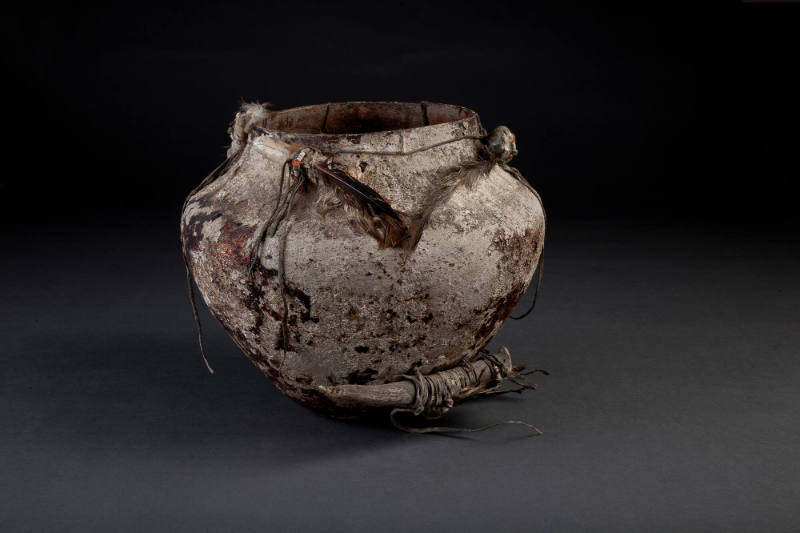 Olla, c. 1920
Zuni people; New Mexico
Shell, clay, antler, rawhide, bone, corn and alabaster;…