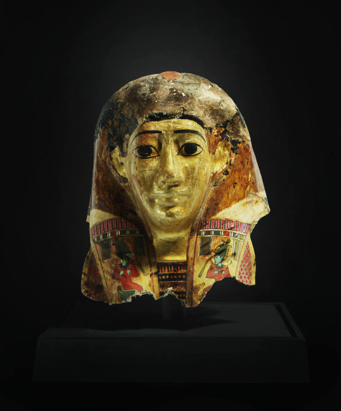 Mummy Mask, 332 BCE - 330 CE
Egypt, Africa 
Linen, plaster, gold leaf and pigment; 15 × 12 3/…