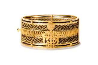Gold Bracelet, 20th Century
Jordanian
Gold and elephant hair; 1 1/8 x 2 1/2 in.
77.4.8
Gift…