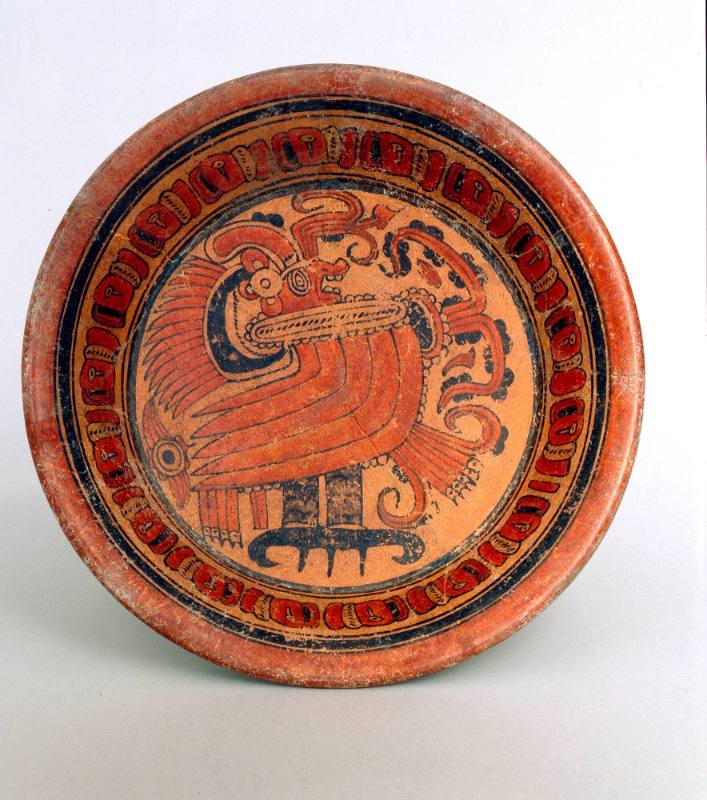 Bowl with Man in Bird Costume, c. 550-900 A.D.
Maya culture; Campeche, Mexico
Ceramic and pai…