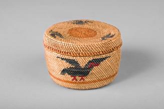 Lidded Basket with Bird Design, unknown date
Makah people; Washington
Cedar bark and split gr…
