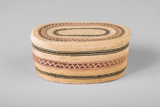 Oval Lidded Basket, c. 1910
Makah people; Washington
Cedar and bear grass; 2 x 2 3/4 x 4 1/8 …