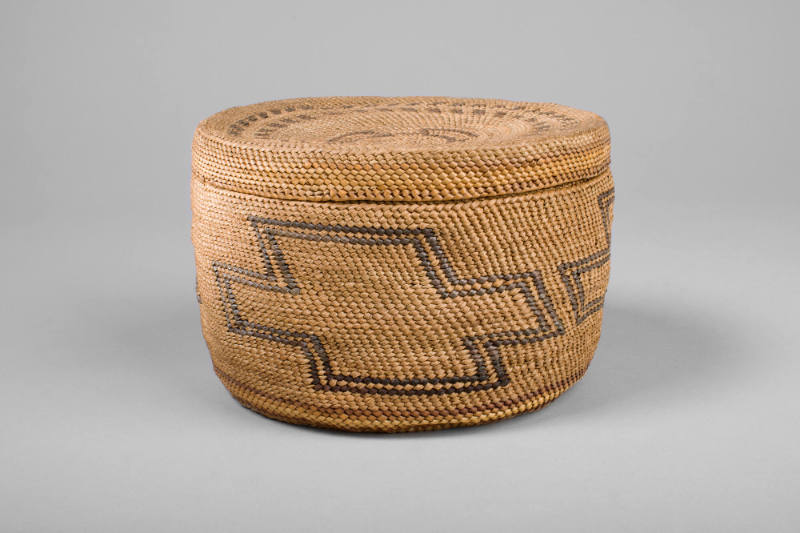 Lidded Basket with Modified Maltese Cross Design, date unknown
Makah people; Washington
Cedar…