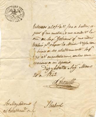 Historic Letter by Don Santiago Arguello, 1842
Los Angeles, California
Ink on paper; 10 1/8 x…