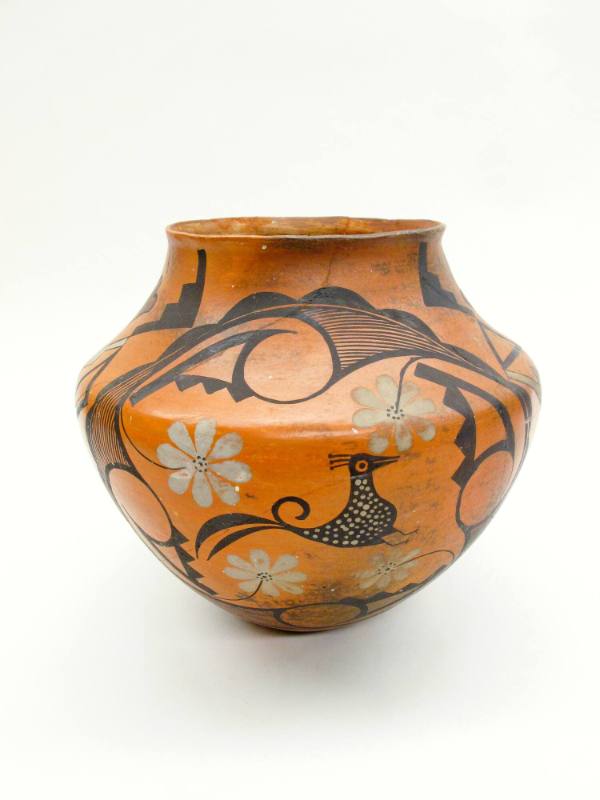 Orange-Colored Olla with Floral and Bird Design, unknown date
Pueblo Indian; New Meixco
Clay;…