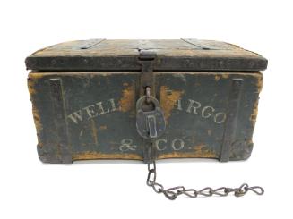 Wells Fargo Strong Box, c. 1875
California
Wood, leather and metal; 10 1/2 x 21 1/2 x 14 in. …