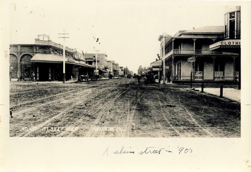 Street View - Anaheim, Cal., c. 1895
Photographer unknown; Anaheim, California
Photograph wit…