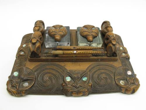 Desk Set, 20th Century
Māori style; England
Wood, glass, abalone shell and metal; 3 1/4 × 14 …