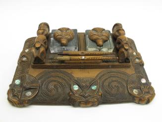 Desk Set, 20th Century
Māori style; England
Wood, glass, abalone shell and metal; 3 1/4 × 14 …