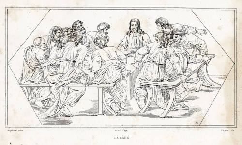 La Cène, 19th Century
Unknown printmaker after Raphael; France
Lithograph on paper; 4 5/8 x 7…