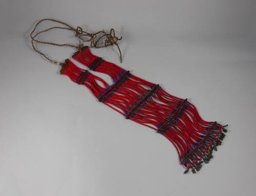 Necklace, 20th Century
Maasai culture; Tanzania
Leather, beads and fiber; 17 × 4 1/2 × 1/4 in…