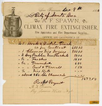 Receipt for Firefighting Equipment, 1883
A.F. Spawn; San Francisco, California
Paper and ink
…