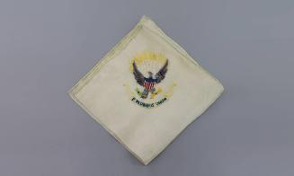 E. Pluribus Unum Handkerchief, mid 20th Century
Maker unknown; France
Fabric; 12 1/2 x 12 1/2…