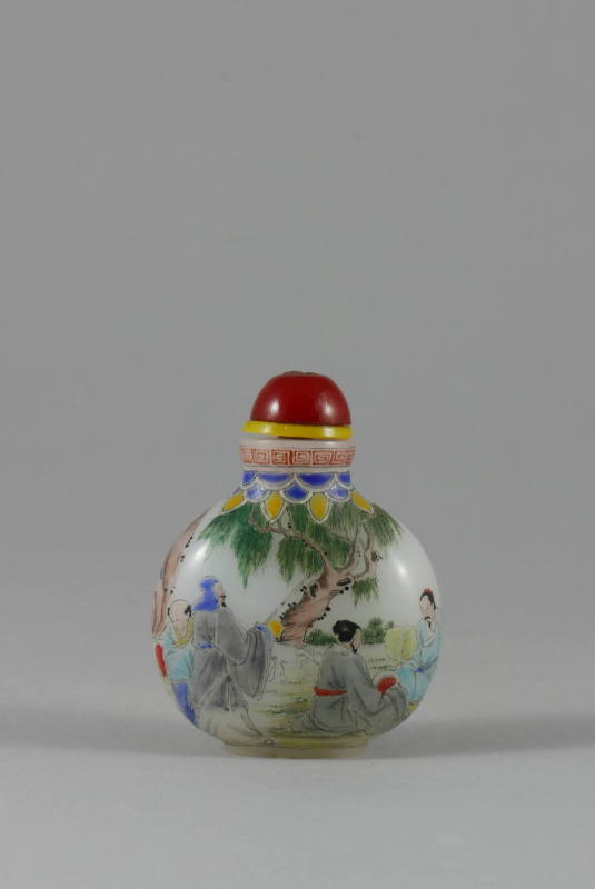 Snuff Bottle with Scholars, late 20th century 
China
Milk glass, enamel and cork; 2 3/8 × 2 7…