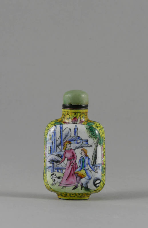 Snuff Bottle, Qing dynasty (1644-1911)
China
Metal, enamel, bone and cork; 2 5/8 × 1 3/8 × 7/…