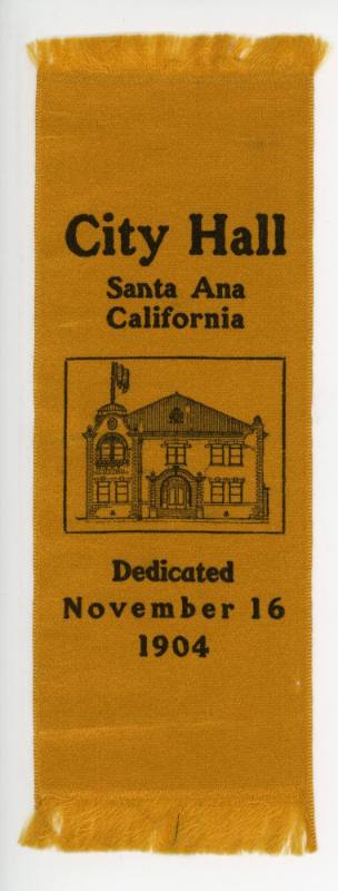 Santa Ana City Hall Dedication Ribbon, 1904
Santa Ana, California
Cotton and paint
38161
Gi…