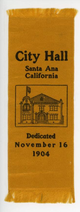 Santa Ana City Hall Dedication Ribbon, 1904
Santa Ana, California
Cotton and paint
38161
Gi…