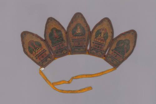 Crown Depicting the Five Transcendent Buddhas, c. 1900
Tibet Autonomous Region
Leather, cloth…