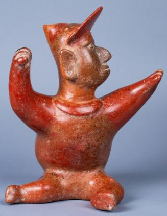 Seated Warrior, 200 BCE - 500 CE
Colima Shaft Tomb peoples; Colima, Mexico
Ceramic; 13 1/2 × …